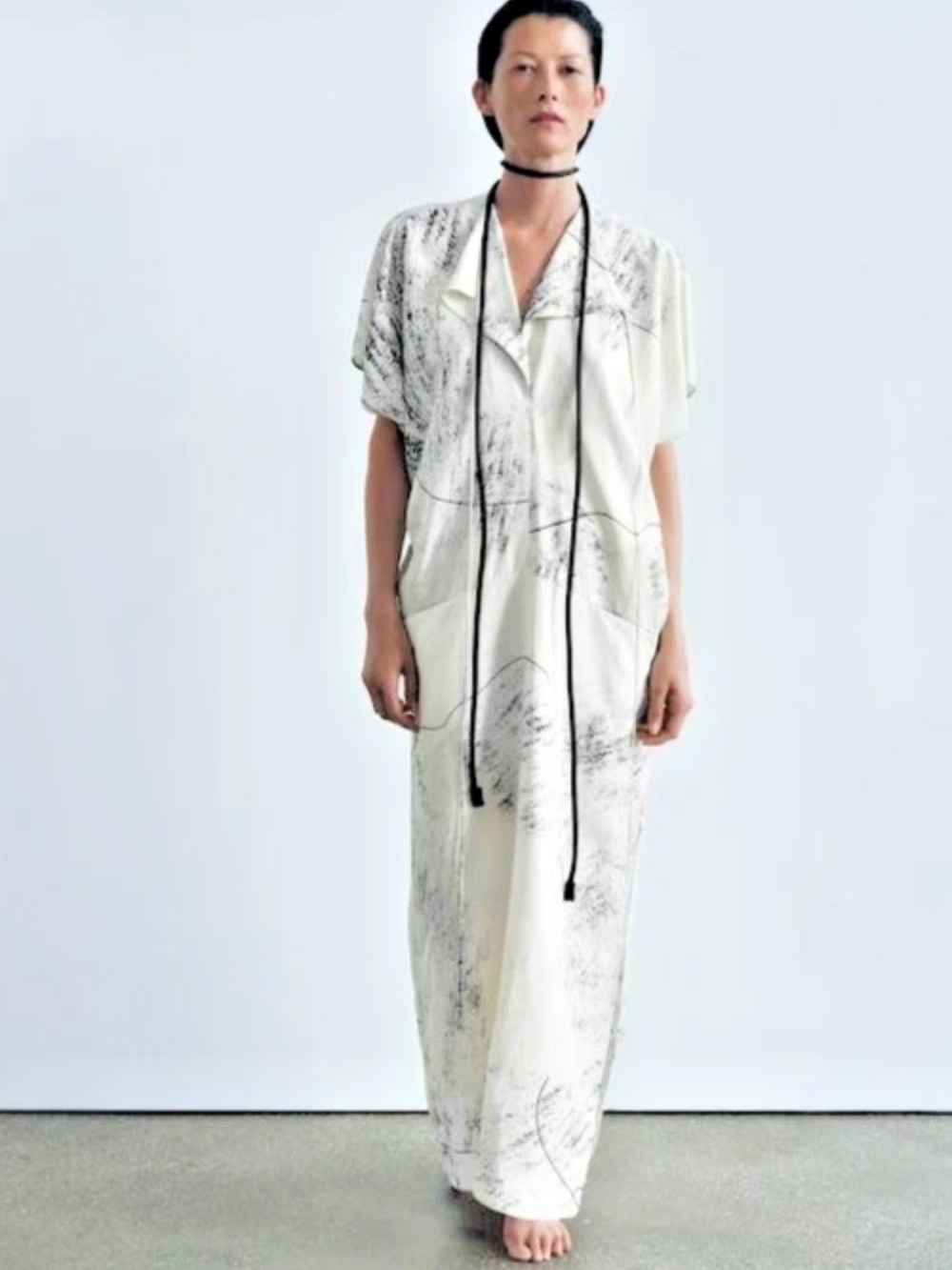 Zara White Maxi Dress with Subtle Black Abstract Print